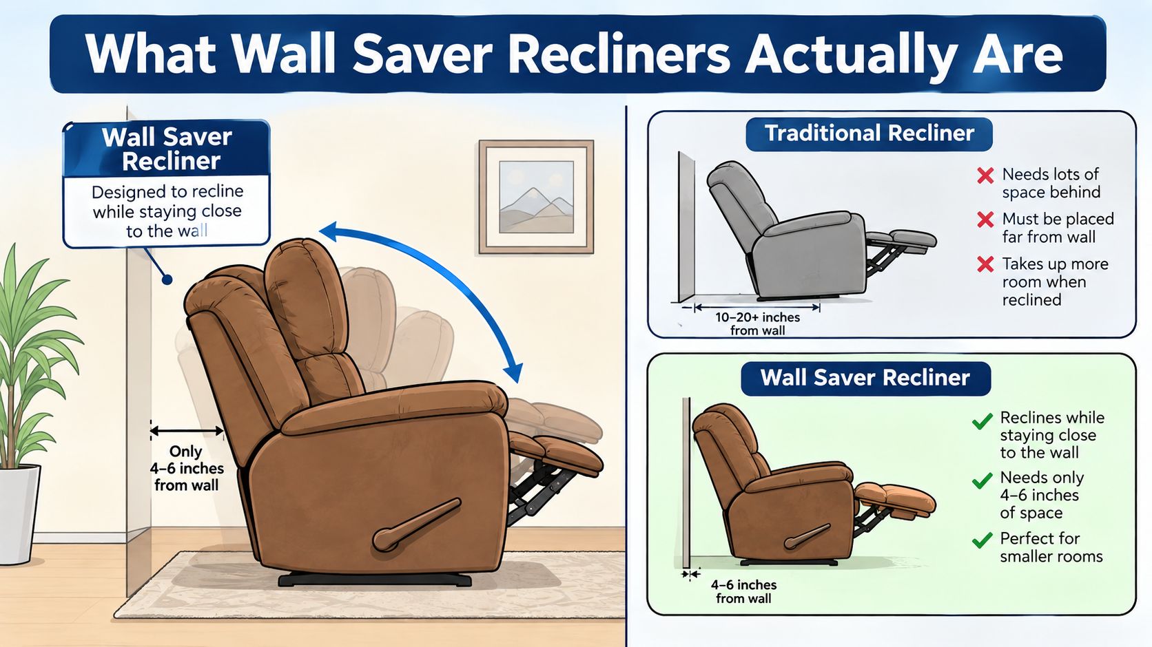 A diagram comparing a traditional recliner and a wall saver recliner, highlighting the required wall clearance space.
