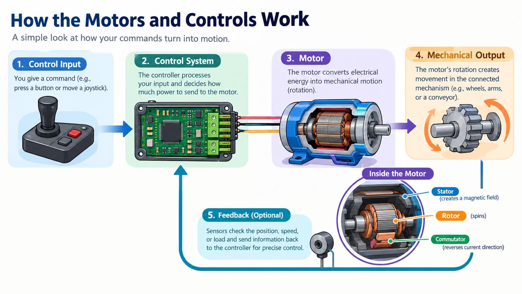 A diagram illustrating how motors and control systems function, from user input to mechanical output and feedback.