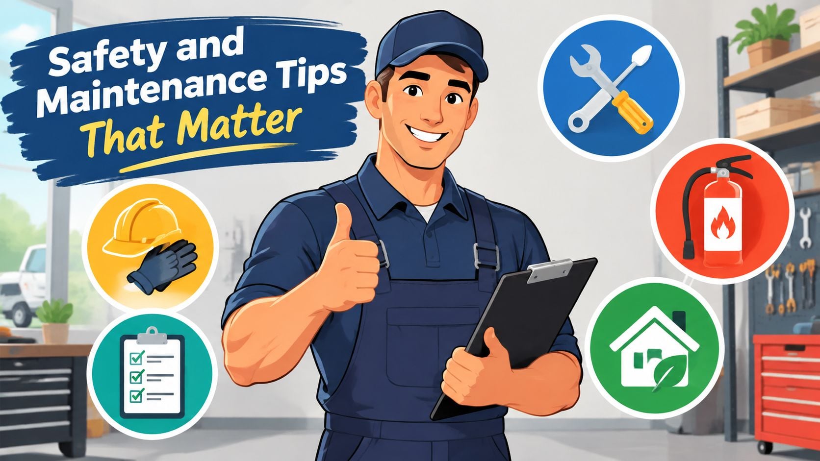 A friendly technician wearing a uniform and cap gives a thumbs up beside safety and maintenance icons.