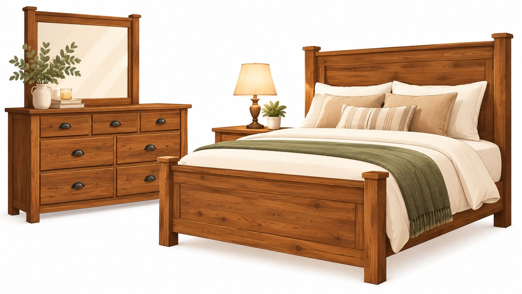 A rustic solid wood bedroom furniture set including a wooden bed frame, matching dresser, and mirror.