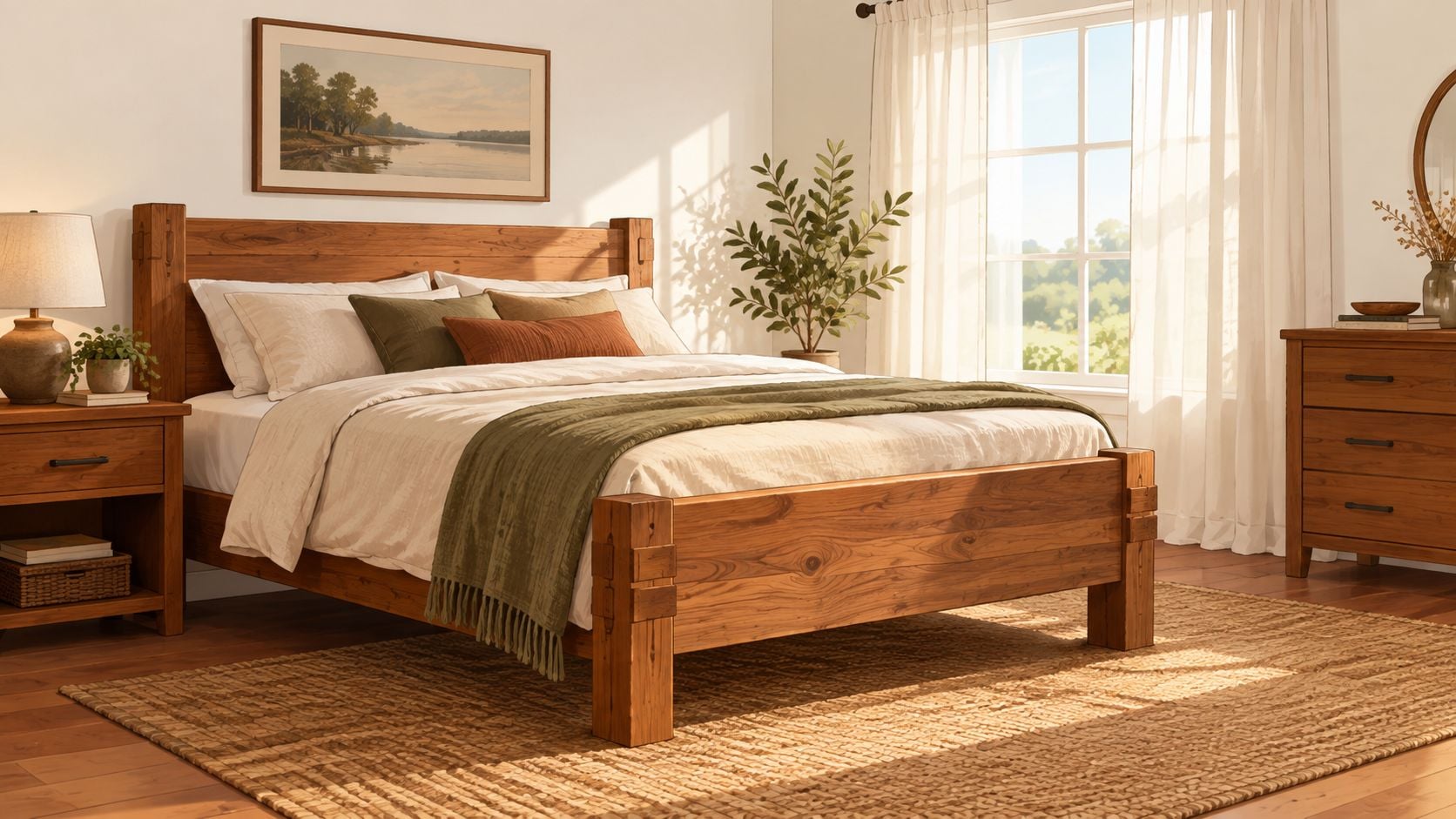 A rustic bedroom featuring handcrafted Amish solid wood furniture, warm lighting, and cozy bedding in a sunny room.