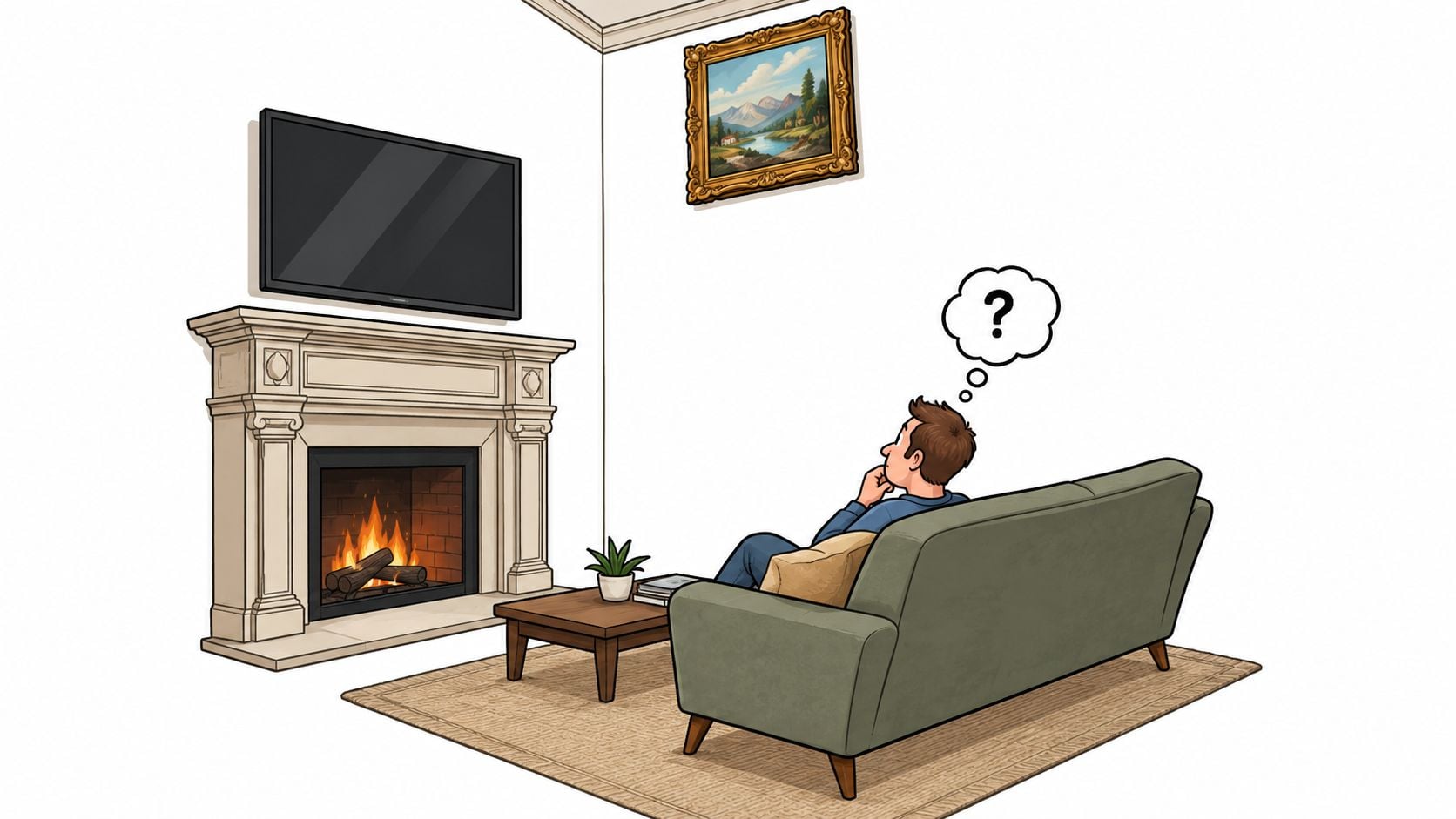 A man sitting on a sofa in a living room pondering about hanging art above the television.
