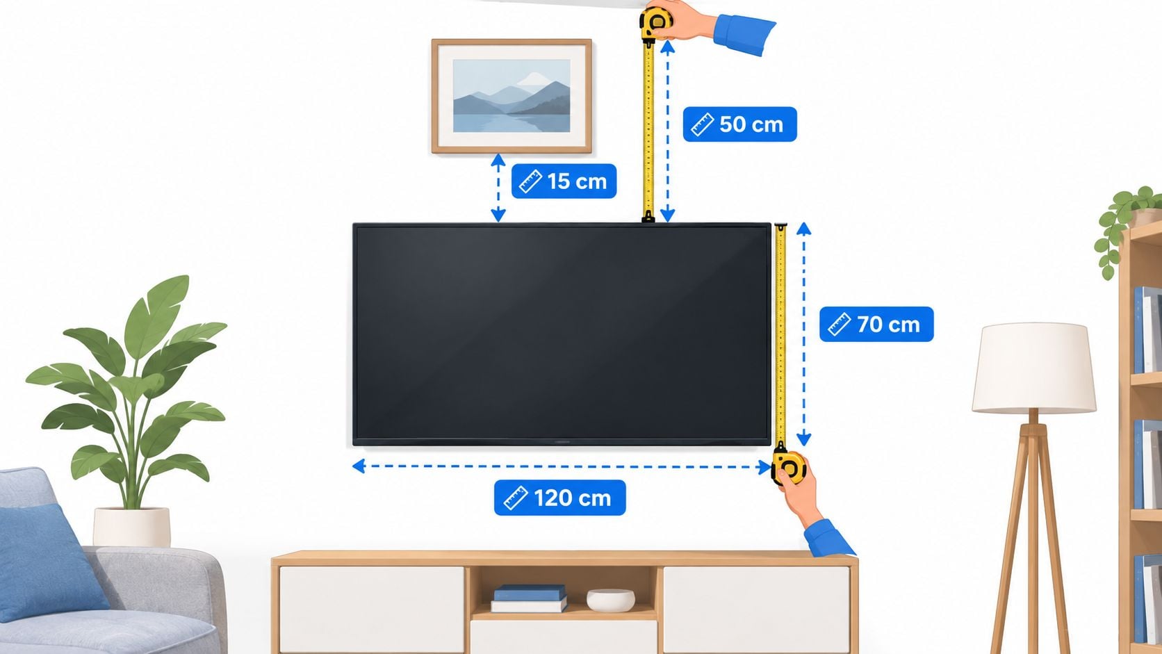 A diagram shows the measurements for placing wall art above a television with labeled dimensions in centimeters.