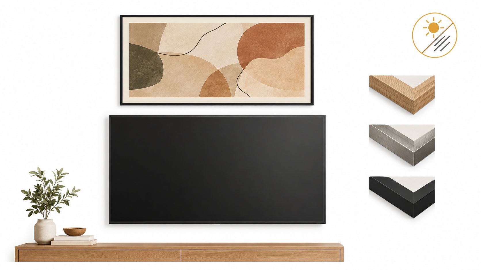 A minimalist living room wall featuring an abstract art piece mounted above a flat-screen television with decorative accents.