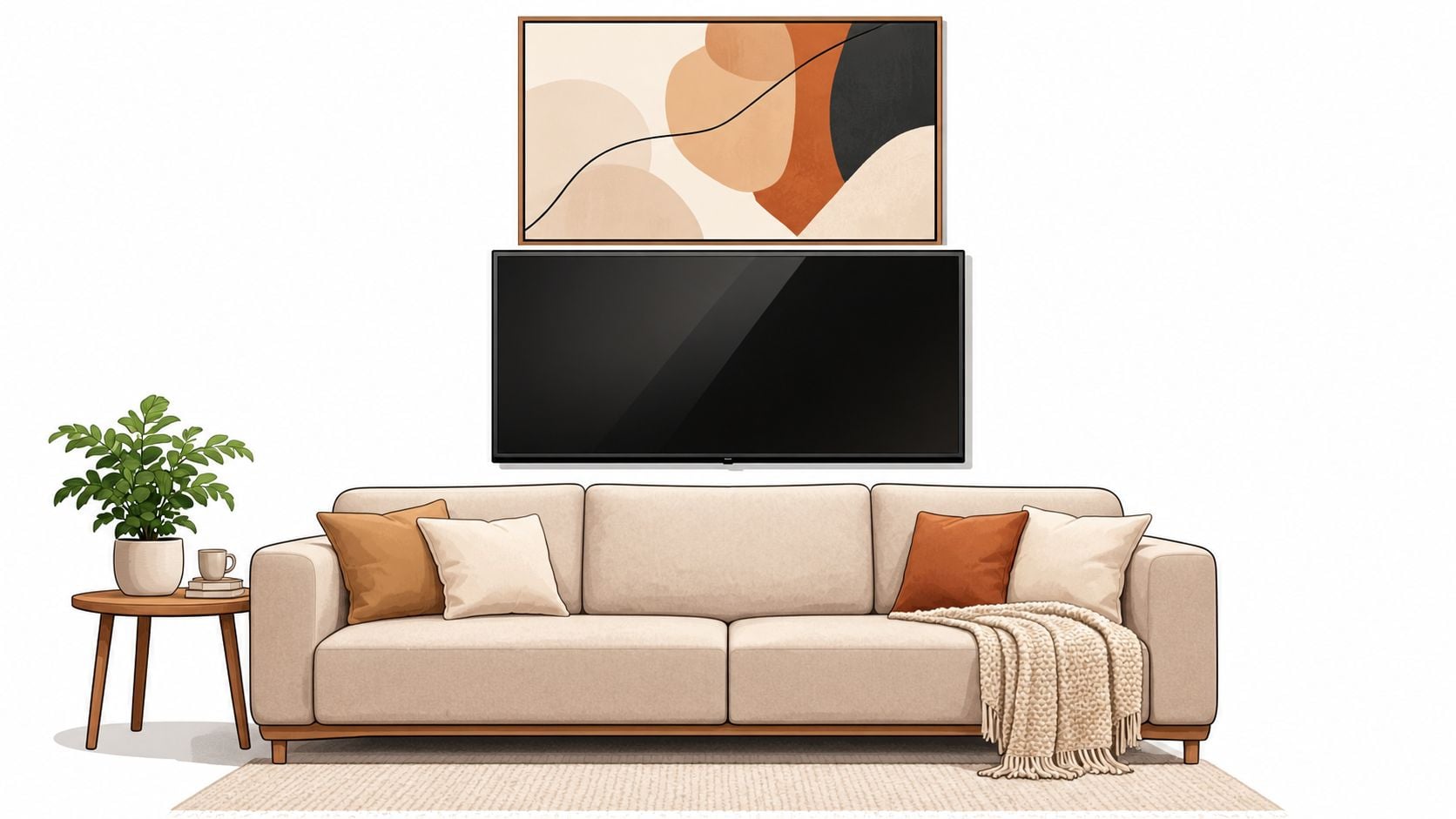 A modern living room featuring a beige sofa, side table with a plant, and abstract art above TV.