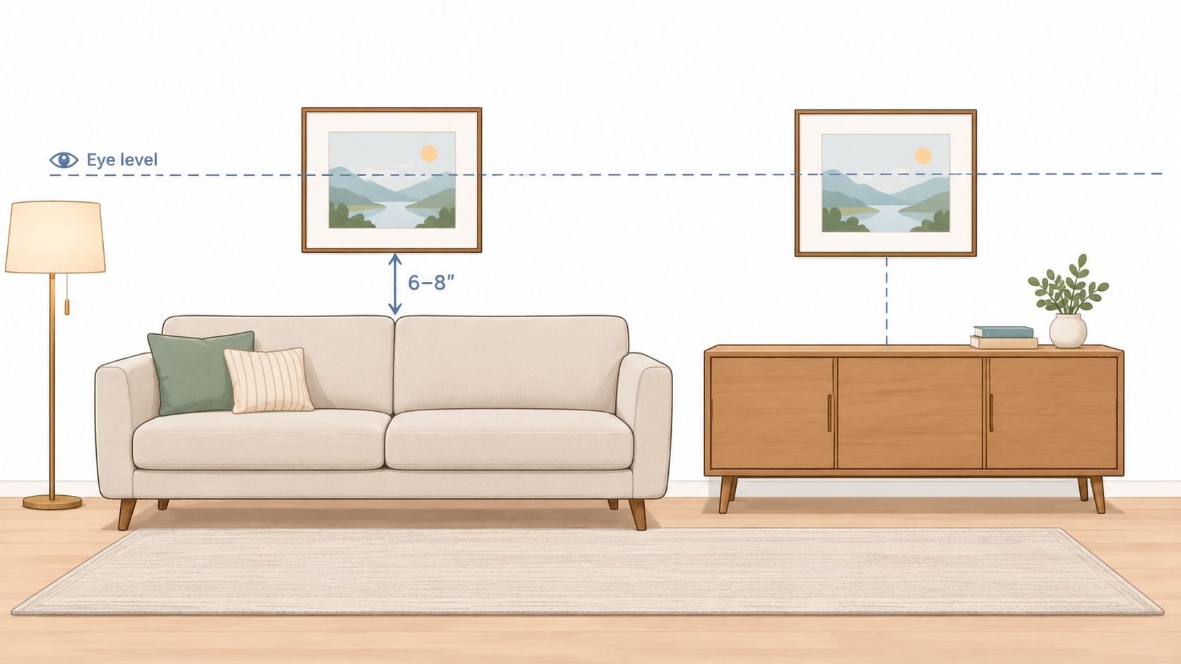 An instructional illustration showing the proper height to hang wall art above a sofa and console table.