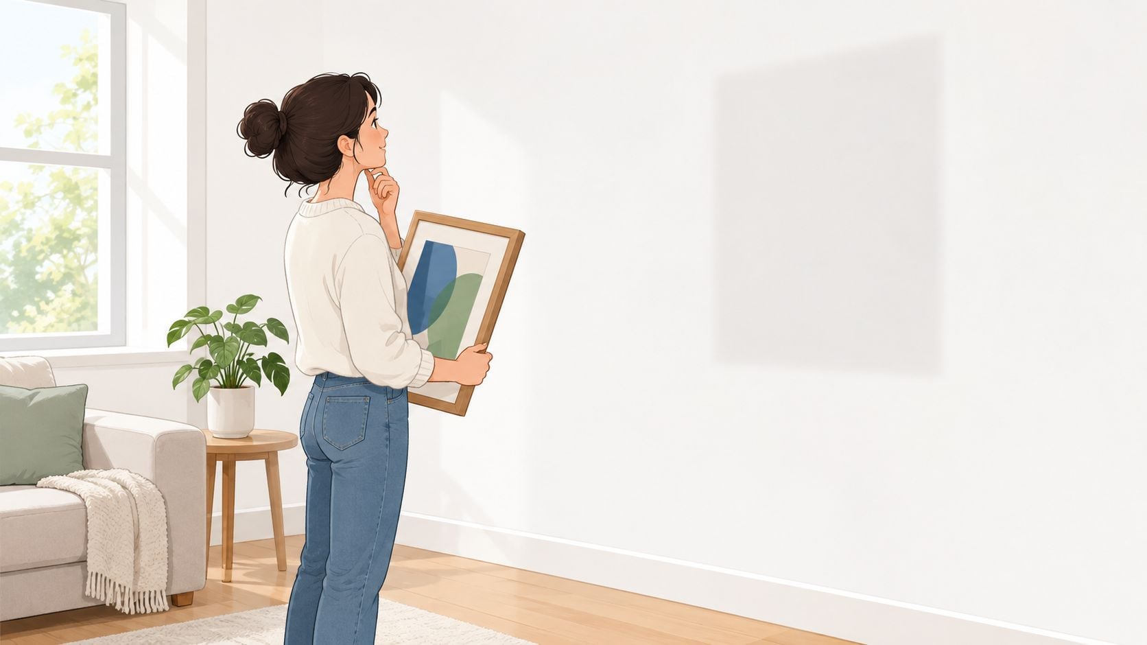 A woman holding a framed art piece while contemplating where to hang it on a blank wall.