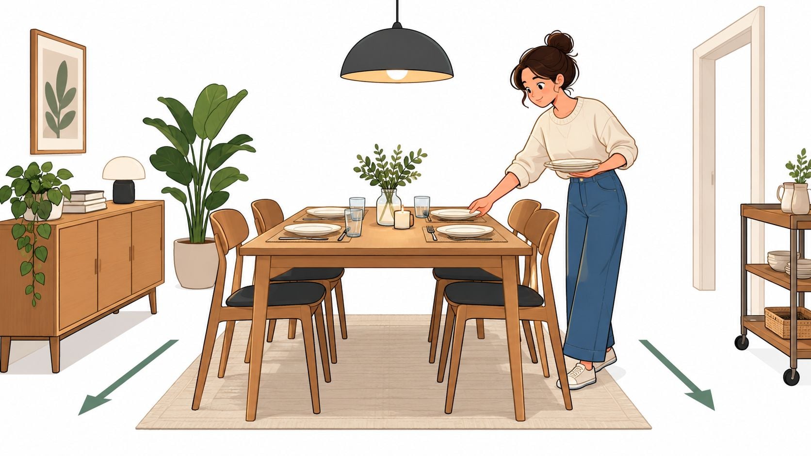 A woman carefully setting the dining table in a modern, light-filled room with wooden furniture and plants.