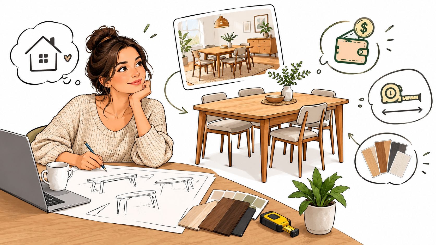 A woman designing interior furniture while visualizing dining room ideas with sketches, material swatches, and measuring tools.