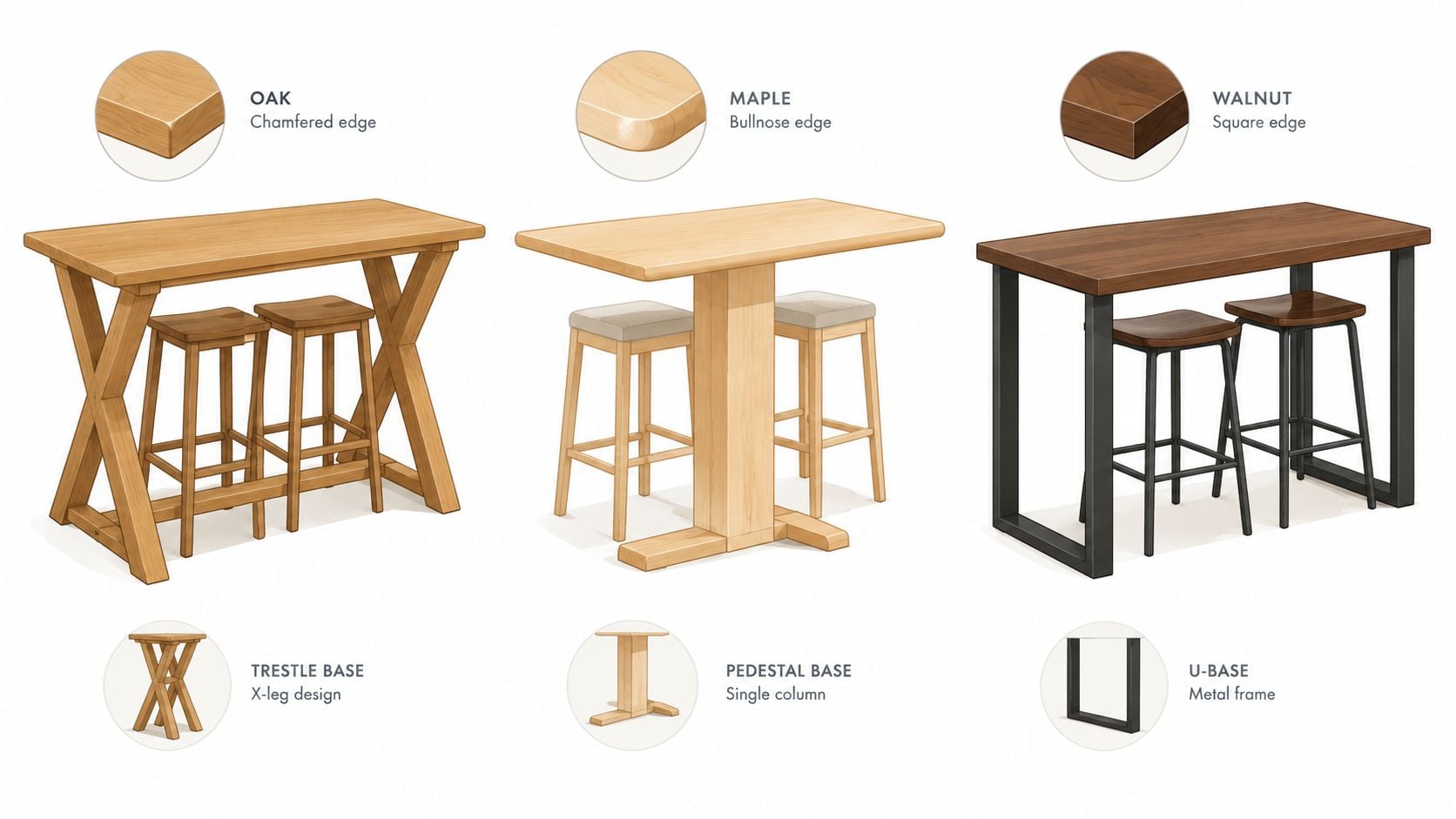 Three different styles of counter height bar tables featuring various wood types, edge profiles, and base designs.