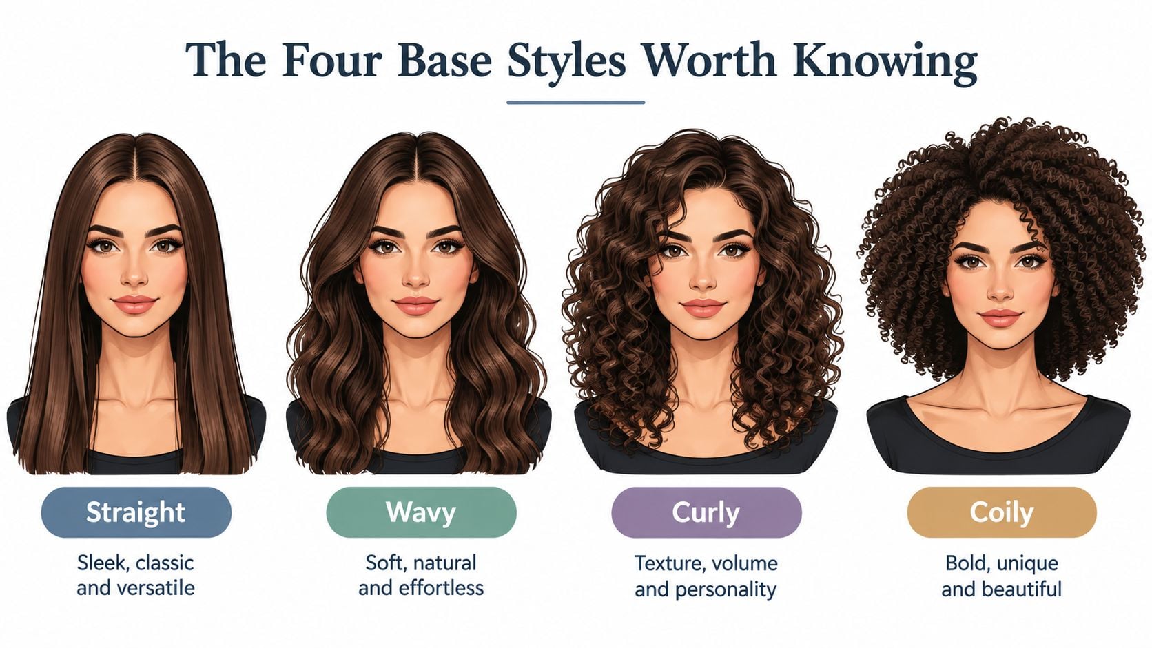 A digital illustration showing four women demonstrating different hair textures: straight, wavy, curly, and coily.