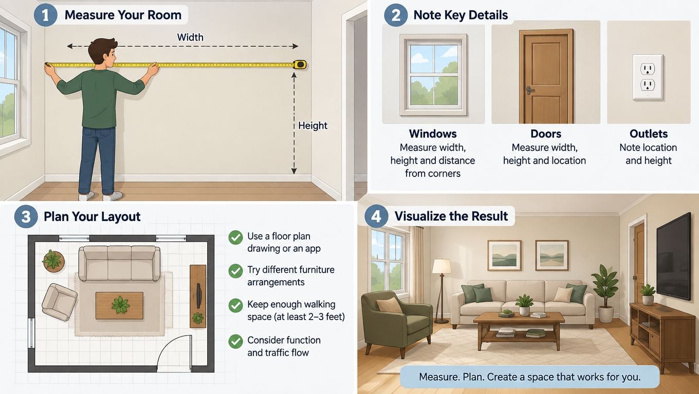 A four-step instructional infographic showing how to measure a room, note details, plan layout, and visualize furniture.