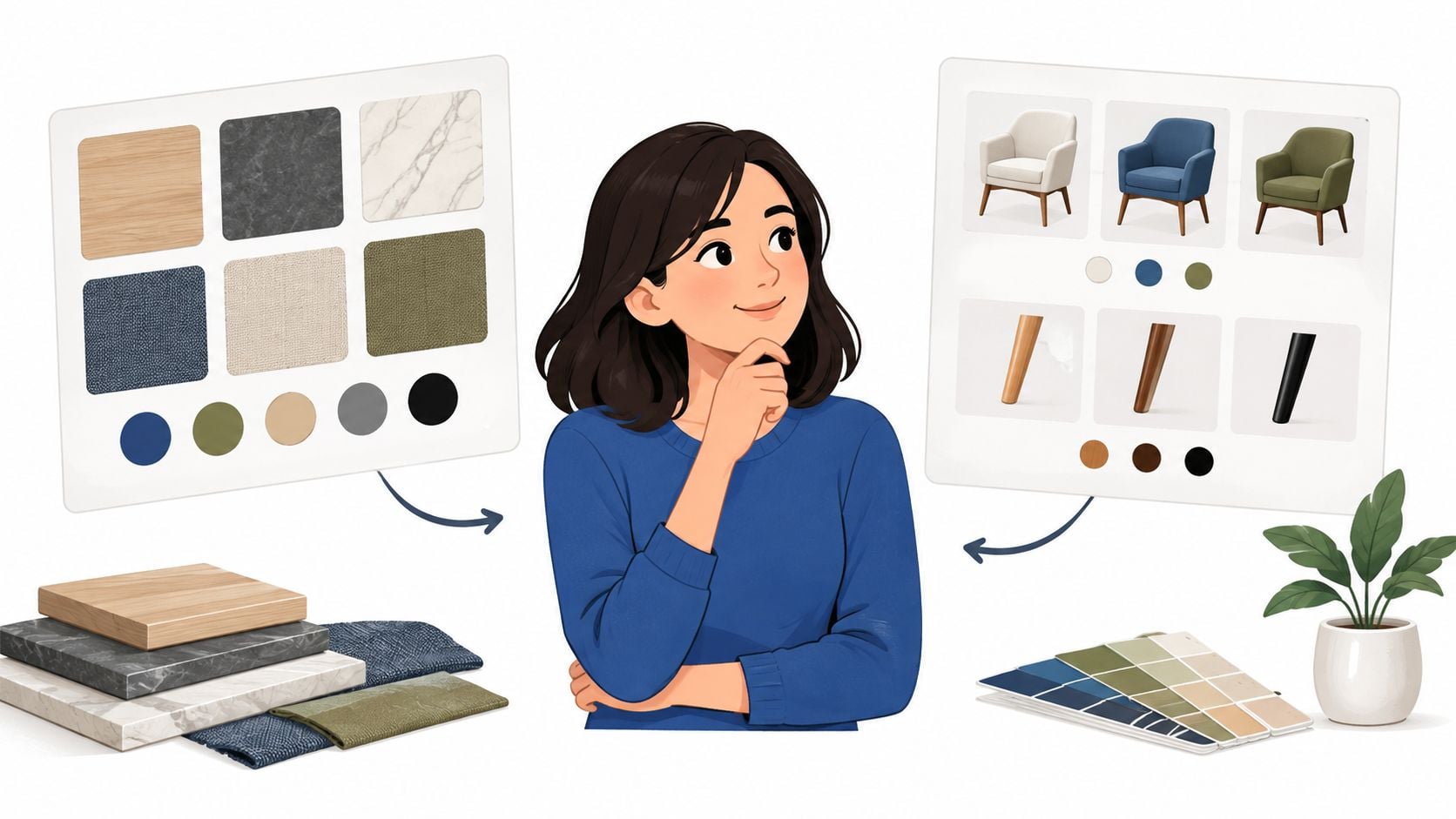 A woman thinking about interior design options including material swatches, color palettes, and various armchair styles.