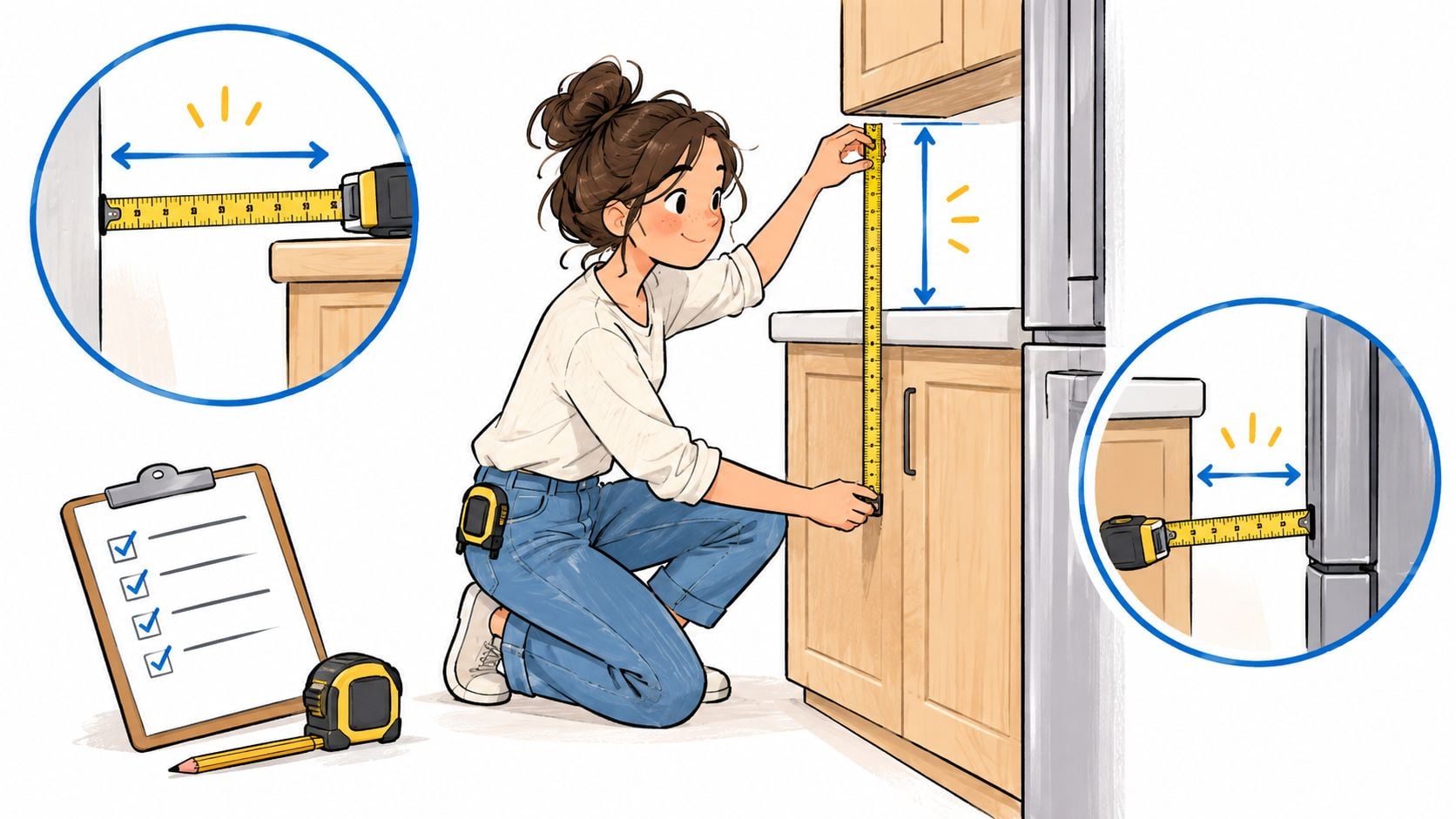 A woman measuring kitchen counter space with a tape measure to plan her home furniture layout.