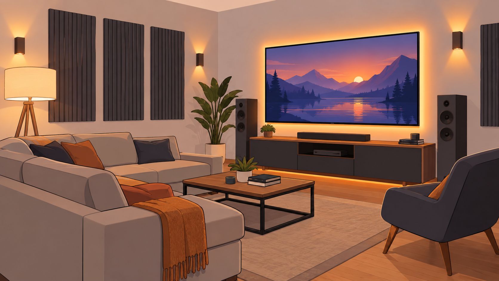 A cozy, modern living room featuring a large television, comfortable sofa, armchair, and warm ambient lighting.