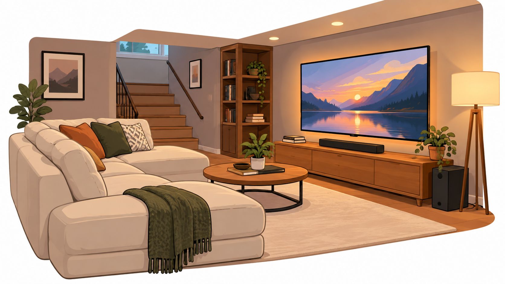 A cozy, modern basement living room featuring a large sectional sofa, wooden coffee table, and flat-screen television.