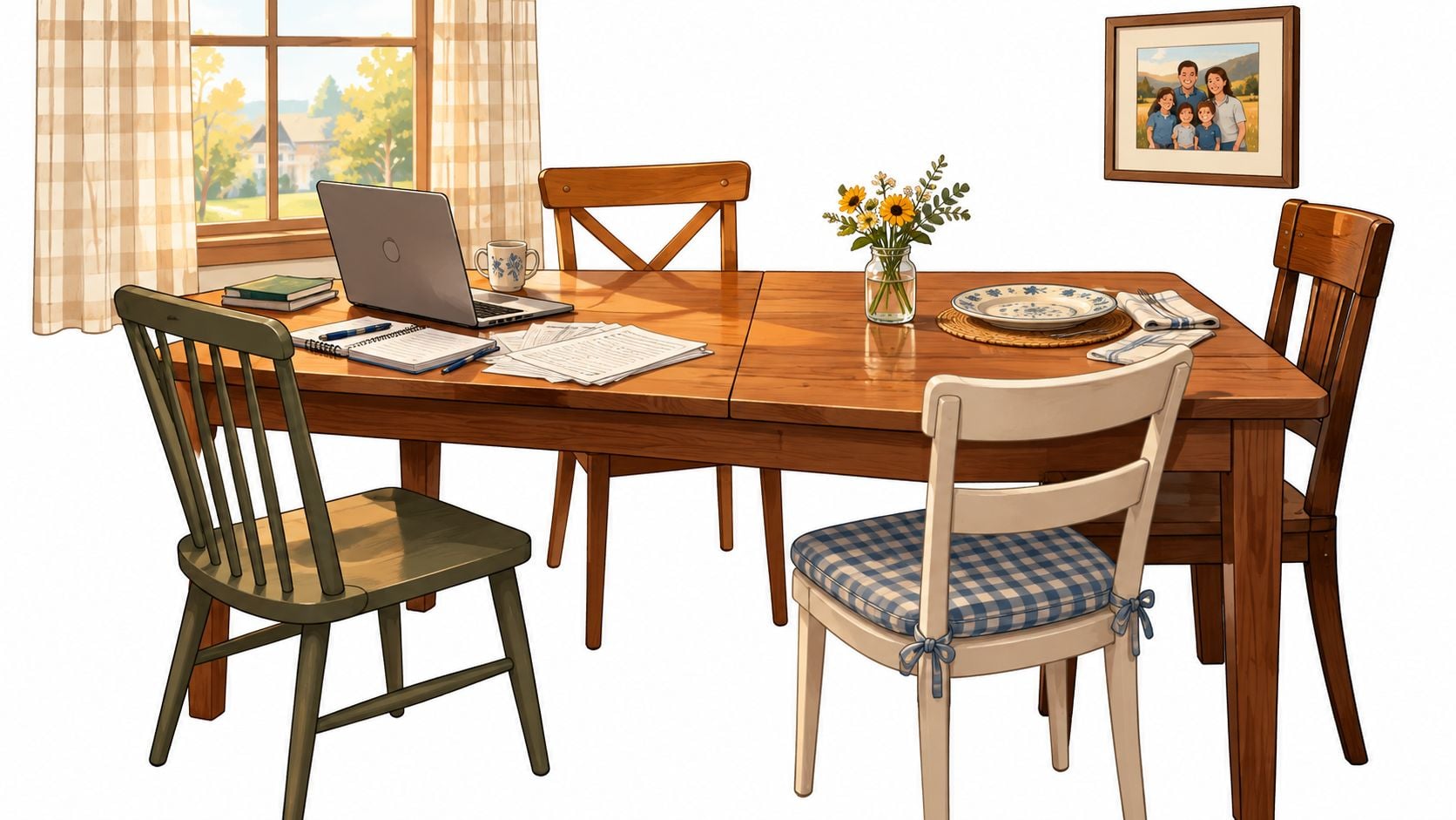 A wooden extendable dining table with a laptop, books, flowers, and chairs in a sunlit room.
