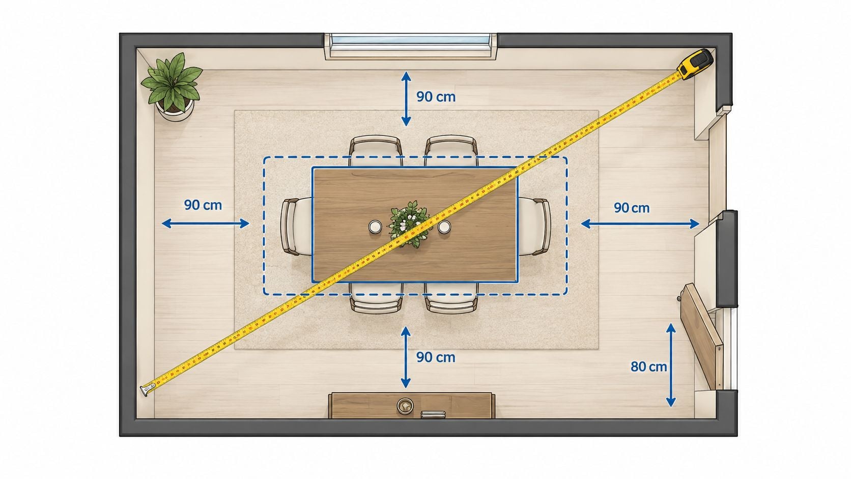 Top-down view of a dining room layout showing the floor space requirements for extending a table.