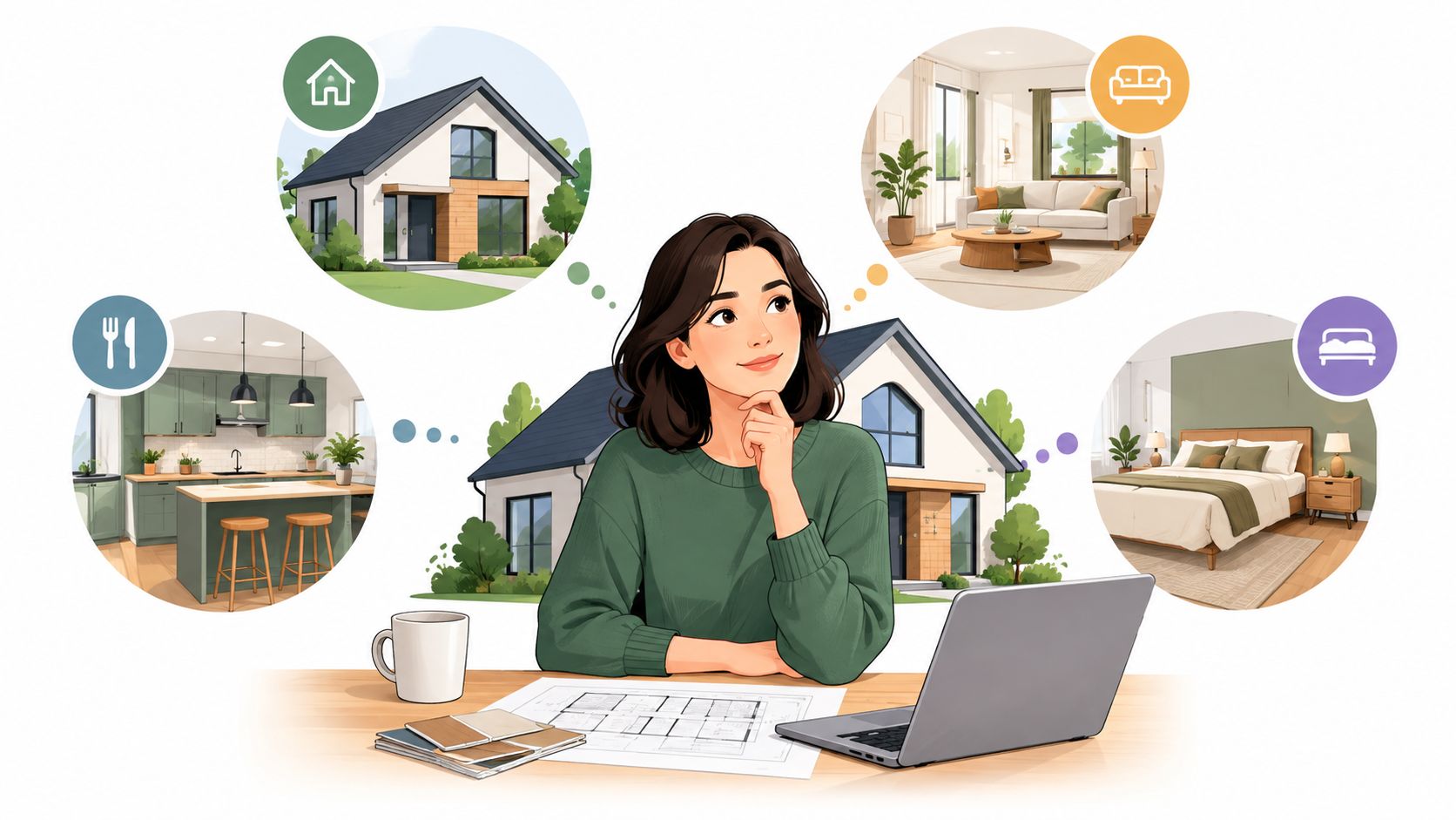 A woman thinking about home design ideas with bubbles showing a house, living room, kitchen, and bedroom.