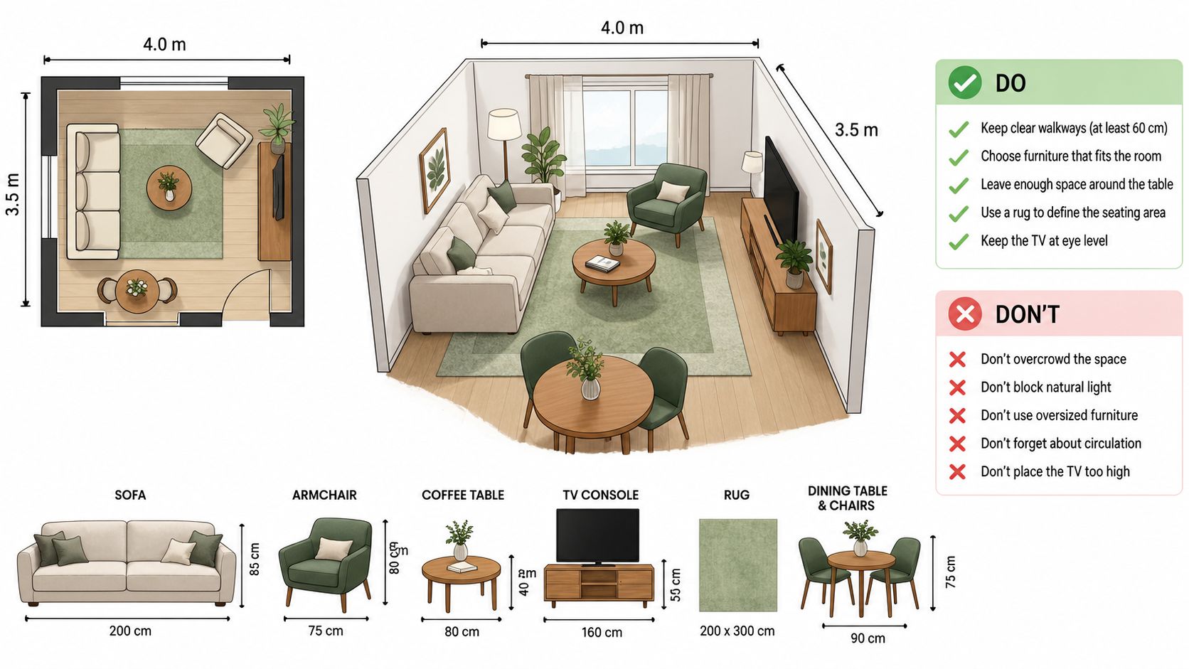 A diagram illustrating interior design tips for a small living room with an extendable dining set area.