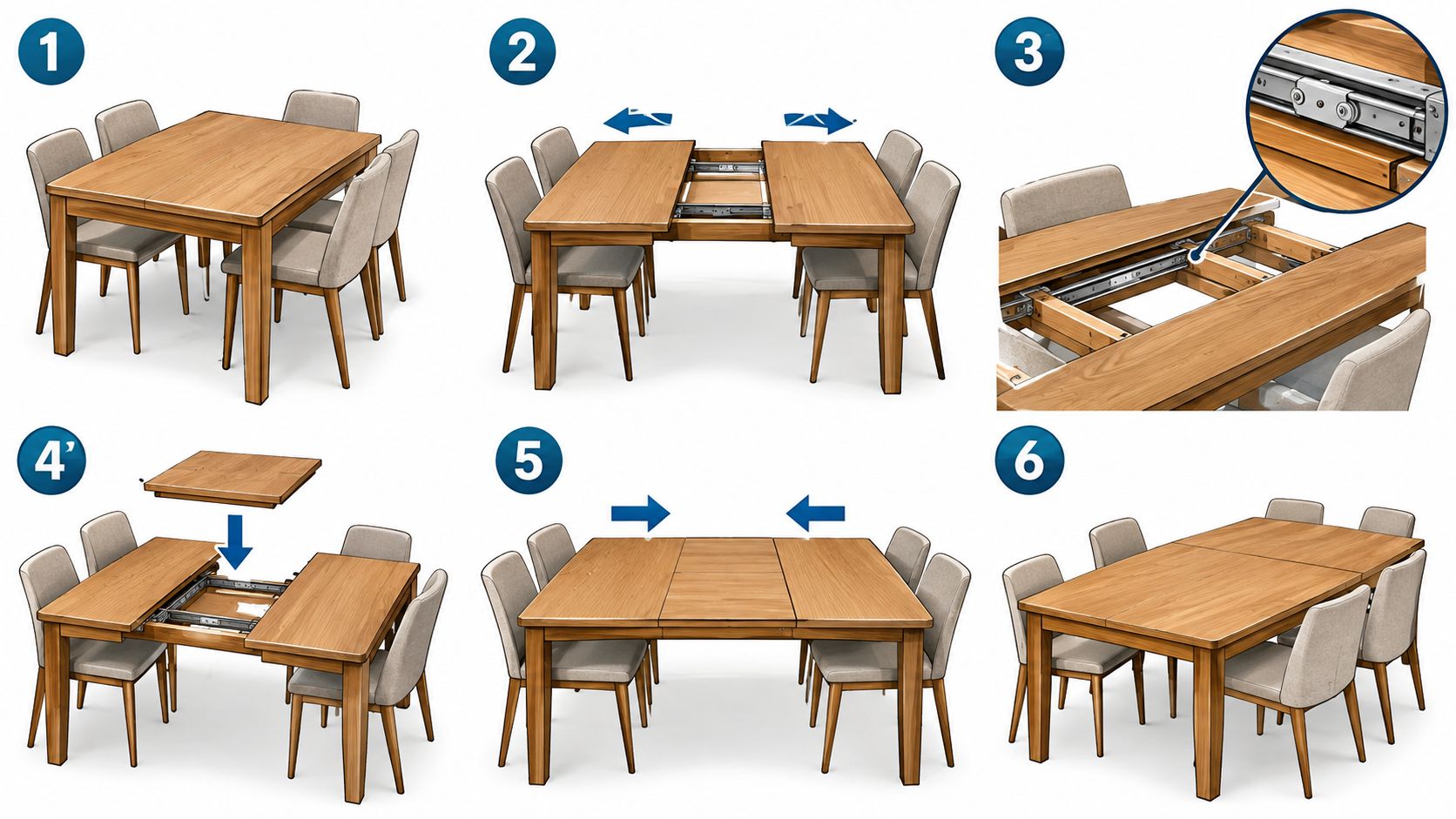A six-step instructional guide illustrating how to open and insert the extension leaf into an extendable dining table.
