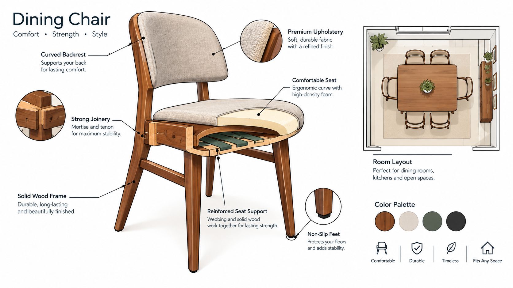 A detailed product diagram showcasing the components of a modern wooden dining chair with upholstered seat.