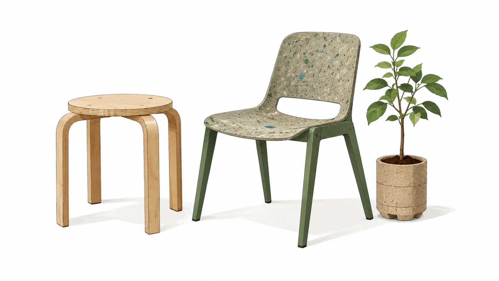 A modern wooden stool, a recycled composite chair, and a green potted plant on white background.