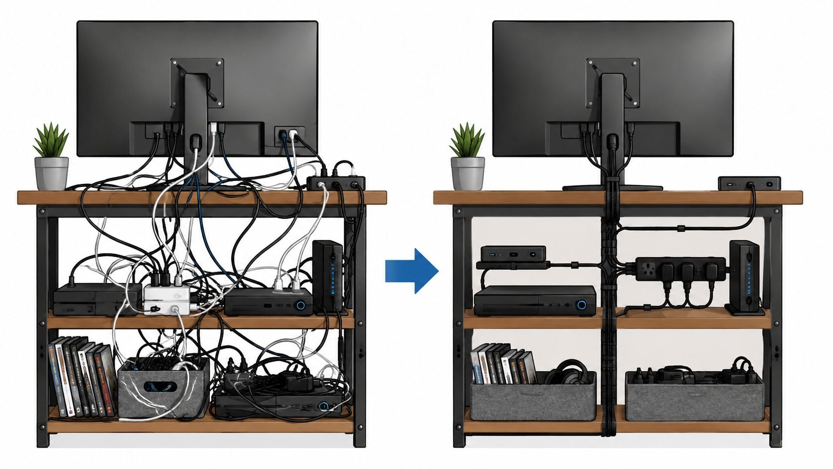 A side-by-side comparison showing a messy gaming desk setup transformed into an organized, clutter-free workspace.