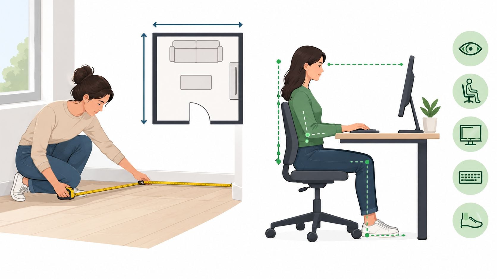 A woman measuring a room floor and a woman sitting ergonomically at a home office desk.