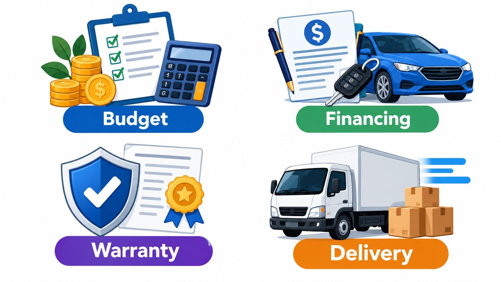 Four icons representing budget, financing, warranty, and delivery services for purchasing products or vehicles online.