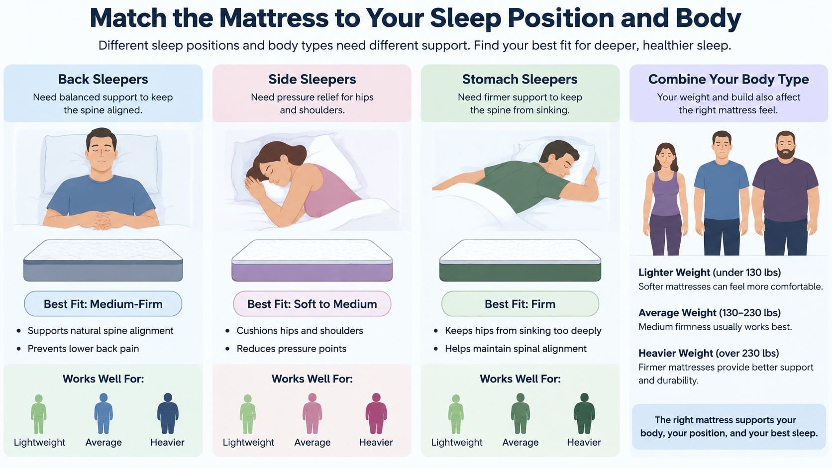 A guide on how to choose a mattress based on sleep position and body type requirements.