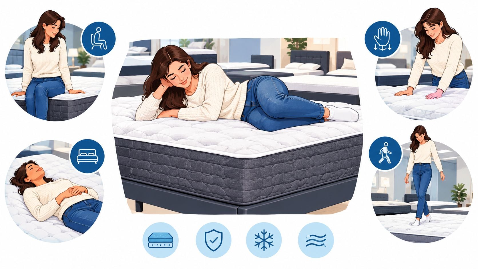 A woman demonstrating different ways to test a comfortable mattress including sitting, lying, and walking on it.
