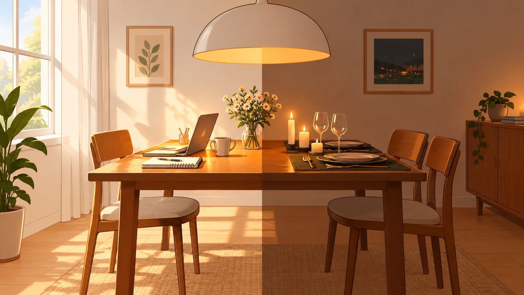 A split image showing a dining table used for both sunny daytime work and intimate evening dining.