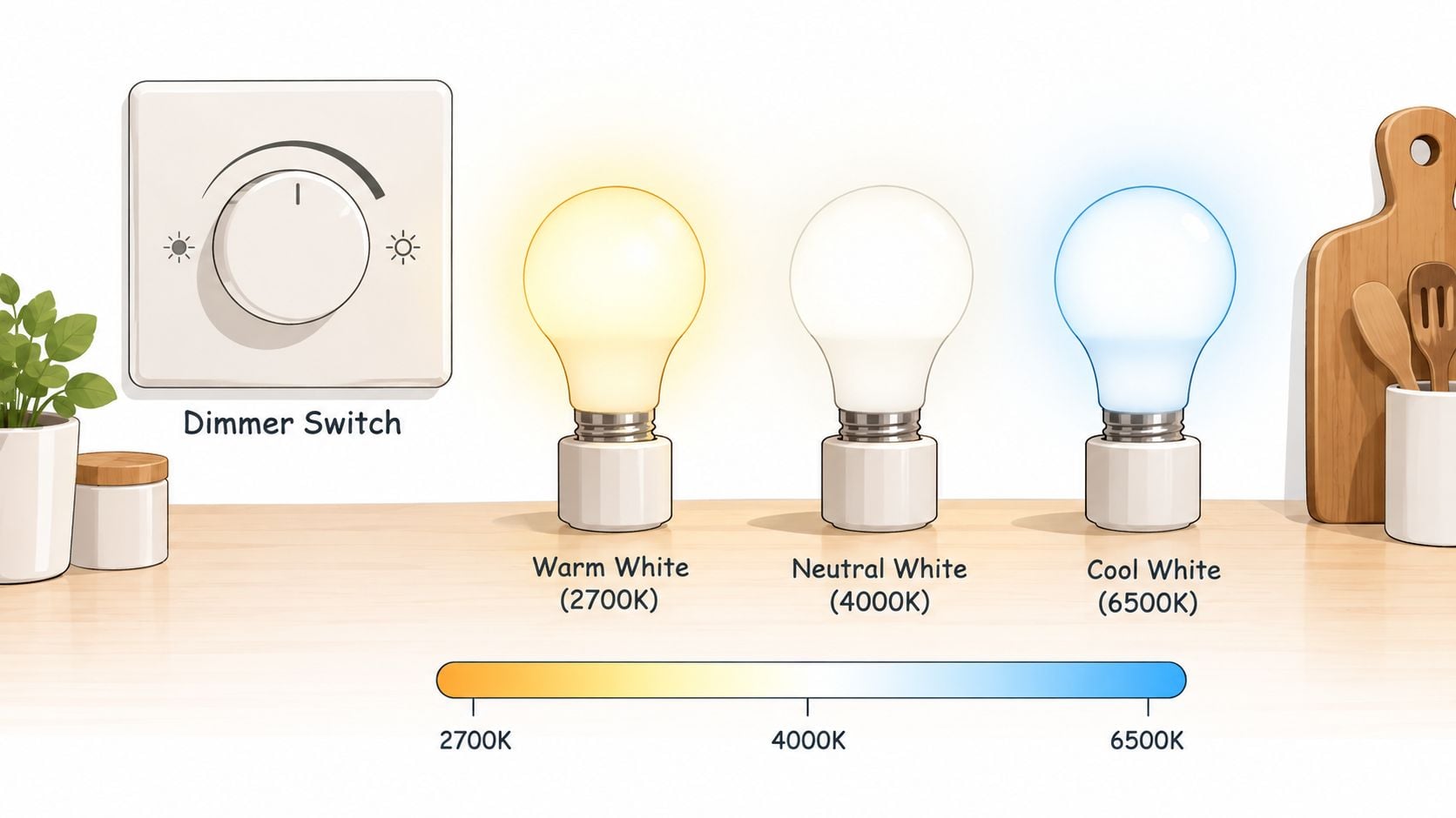 A diagram comparing warm white, neutral white, and cool white LED light bulbs with a dimmer switch.