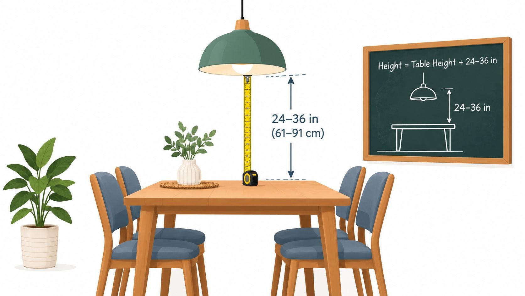 A diagram demonstrating the ideal hanging height for a dining room pendant light above a wooden table.