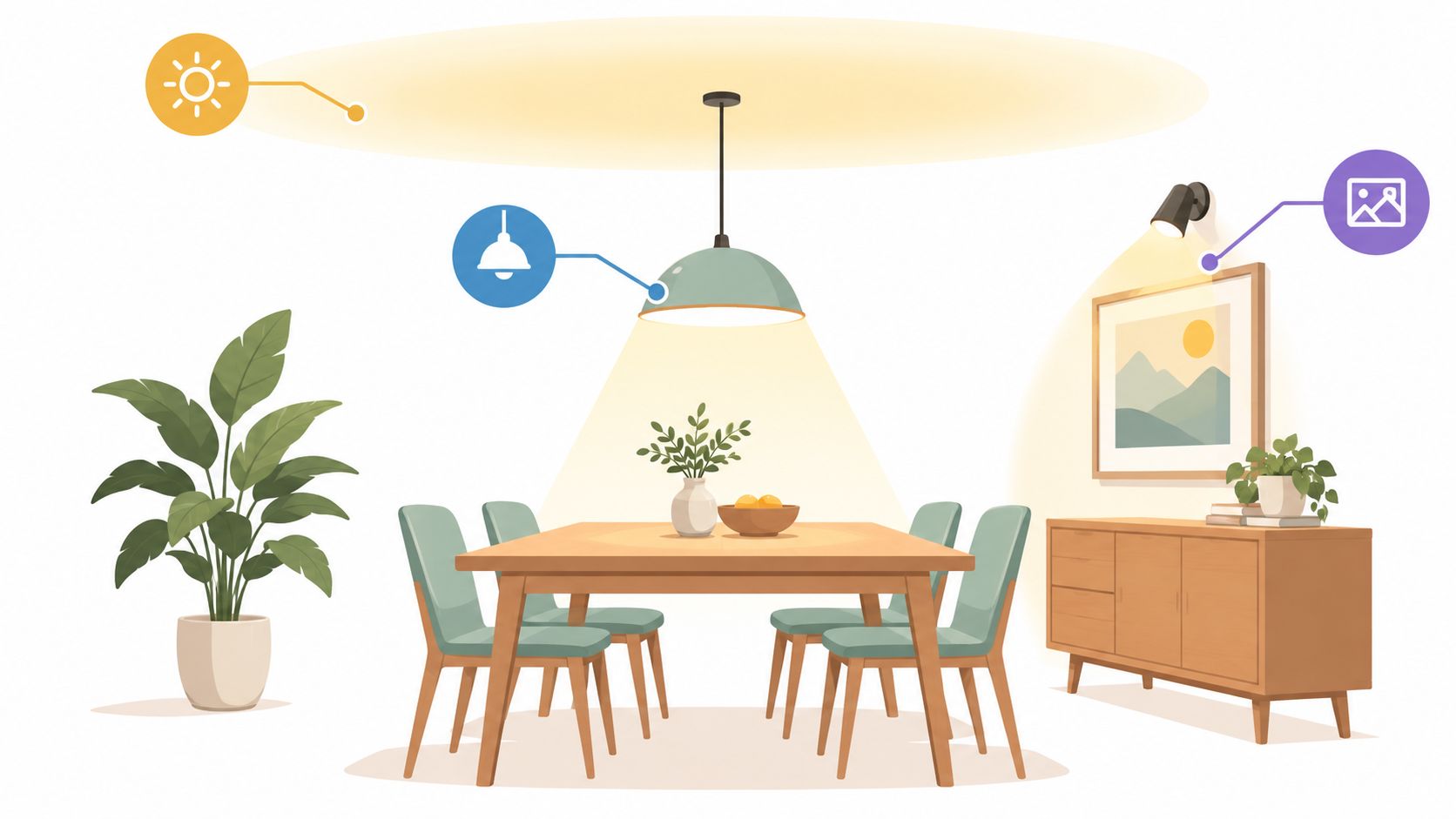 An illustration of a modern dining room featuring various smart lighting solutions and decor elements.