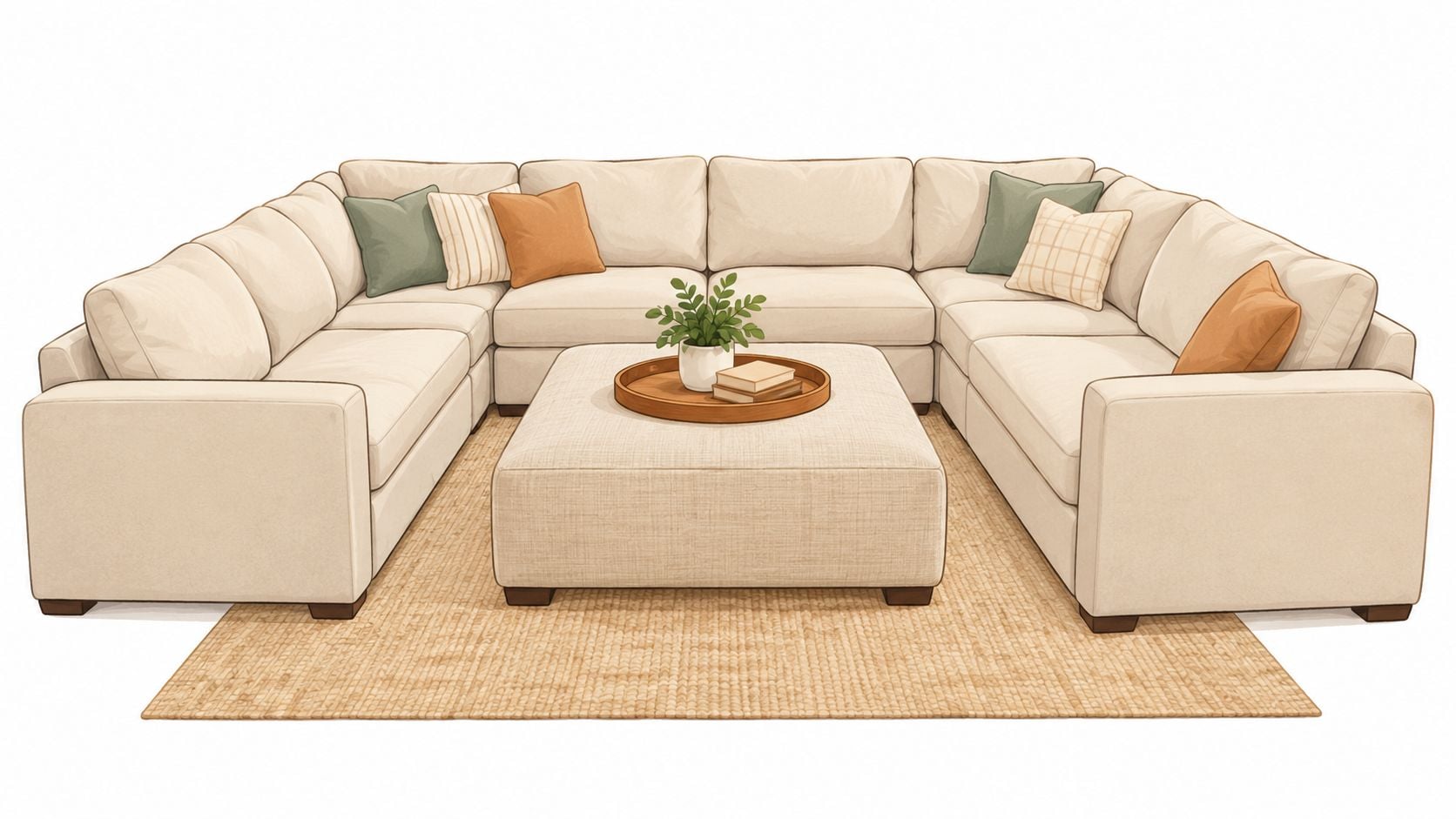 A modern beige sectional sofa with accent pillows arranged around a large square ottoman on a rug.
