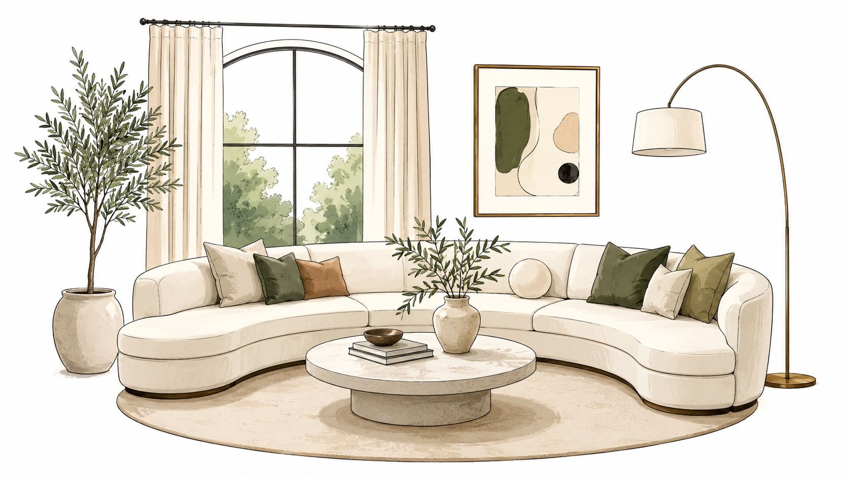 A modern curved white sofa in a bright living room featuring a round coffee table and floor lamp.