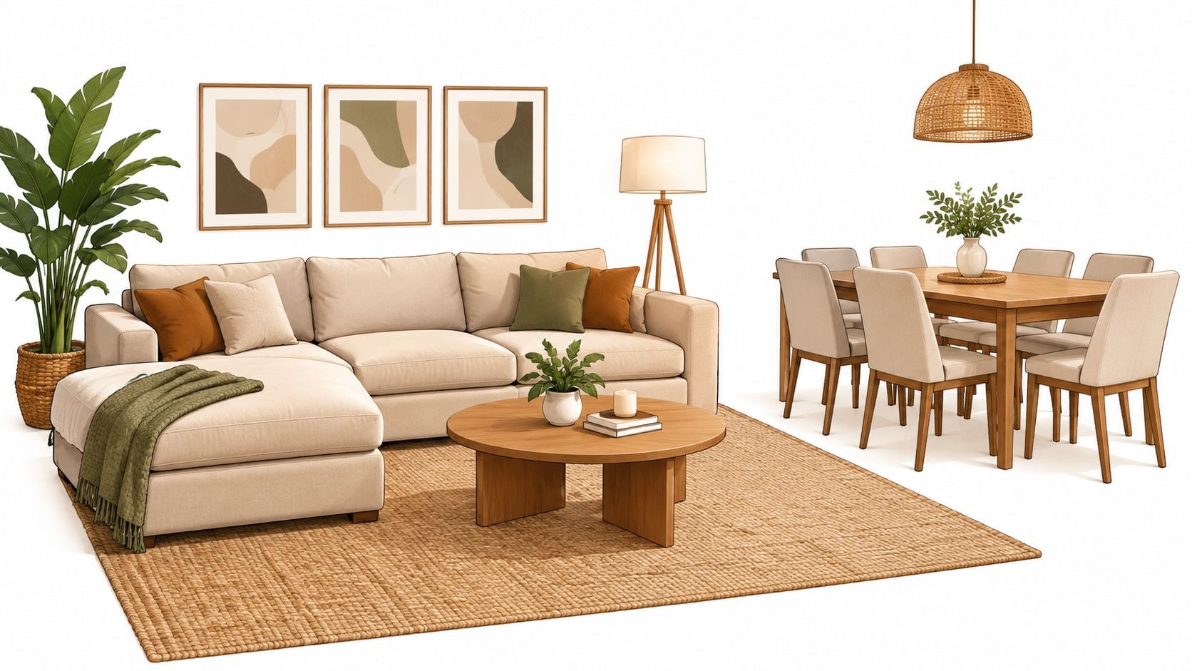 A modern living room sectional sofa with a wooden coffee table and dining set on a rug.