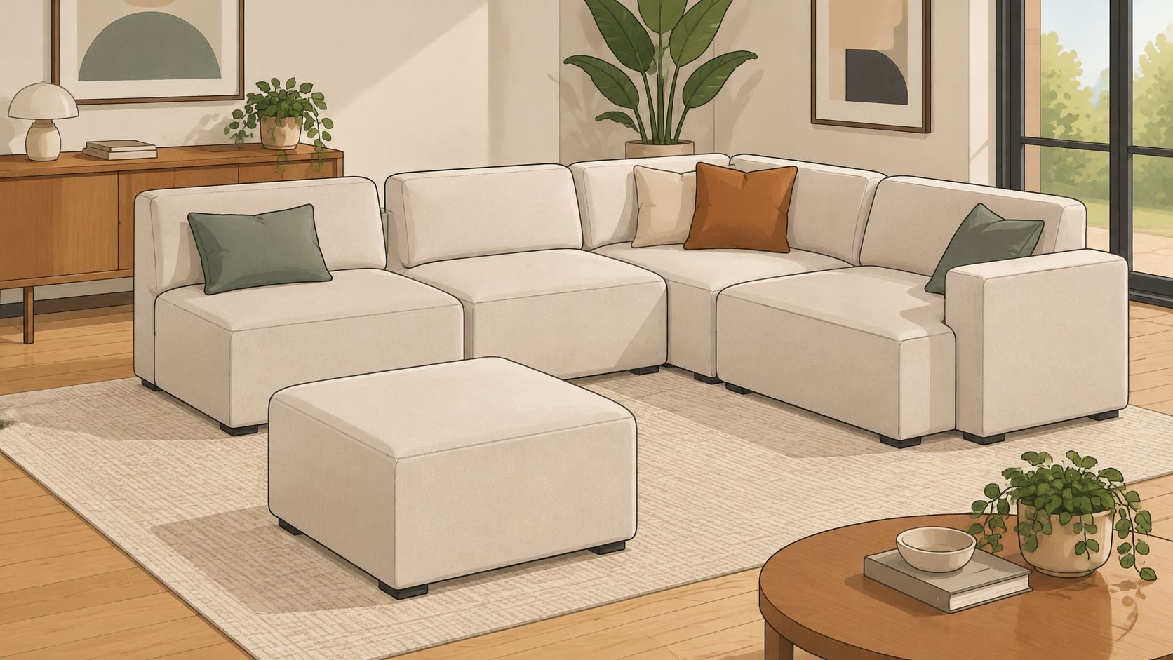 A modern minimalist living room featuring a cozy off-white sectional sofa with decorative throw pillows and an ottoman.
