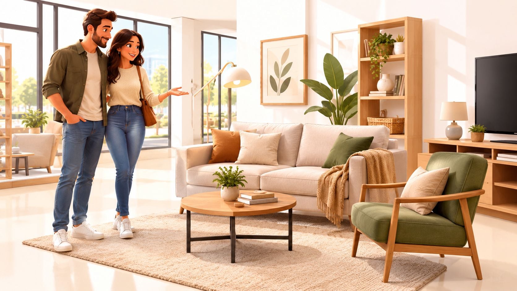 A young couple standing in a bright, modern living room furnished with compact, stylish furniture for small spaces.
