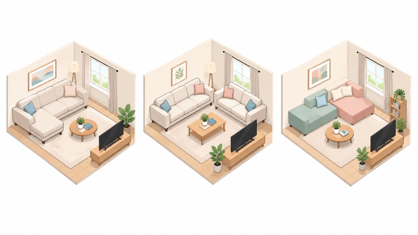 Three different isometric living room layouts featuring sofas, coffee tables, and decor for small interior design inspiration.