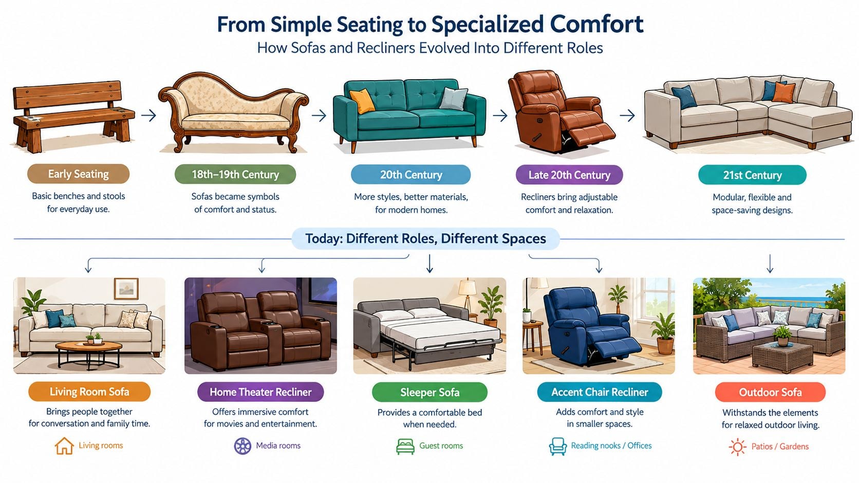 An infographic illustrating the historical evolution of seating from simple benches to modern modular sofas and various specialized recliners.