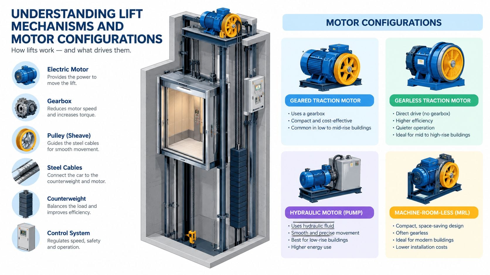 A detailed infographic showing lift mechanisms, components, and various types of elevator motor configurations.