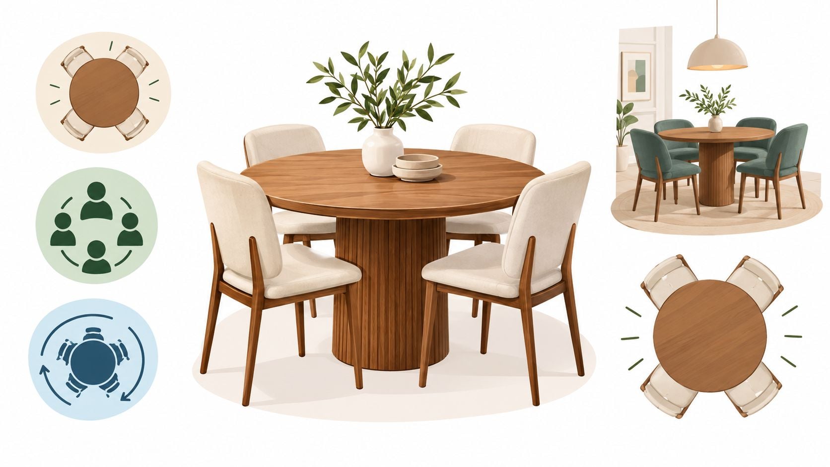 A central wooden round dining table surrounded by four cream-colored chairs, shown with top-down and room views.