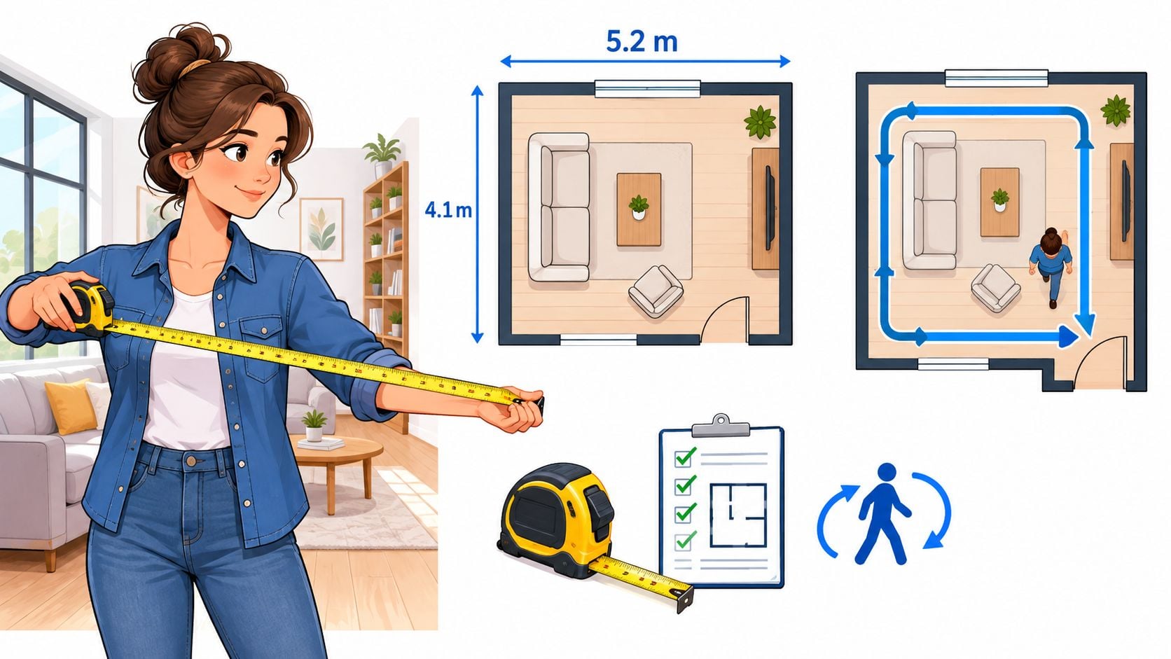 A woman measuring a room with a tape measure alongside floor plan diagrams for home renovation planning.