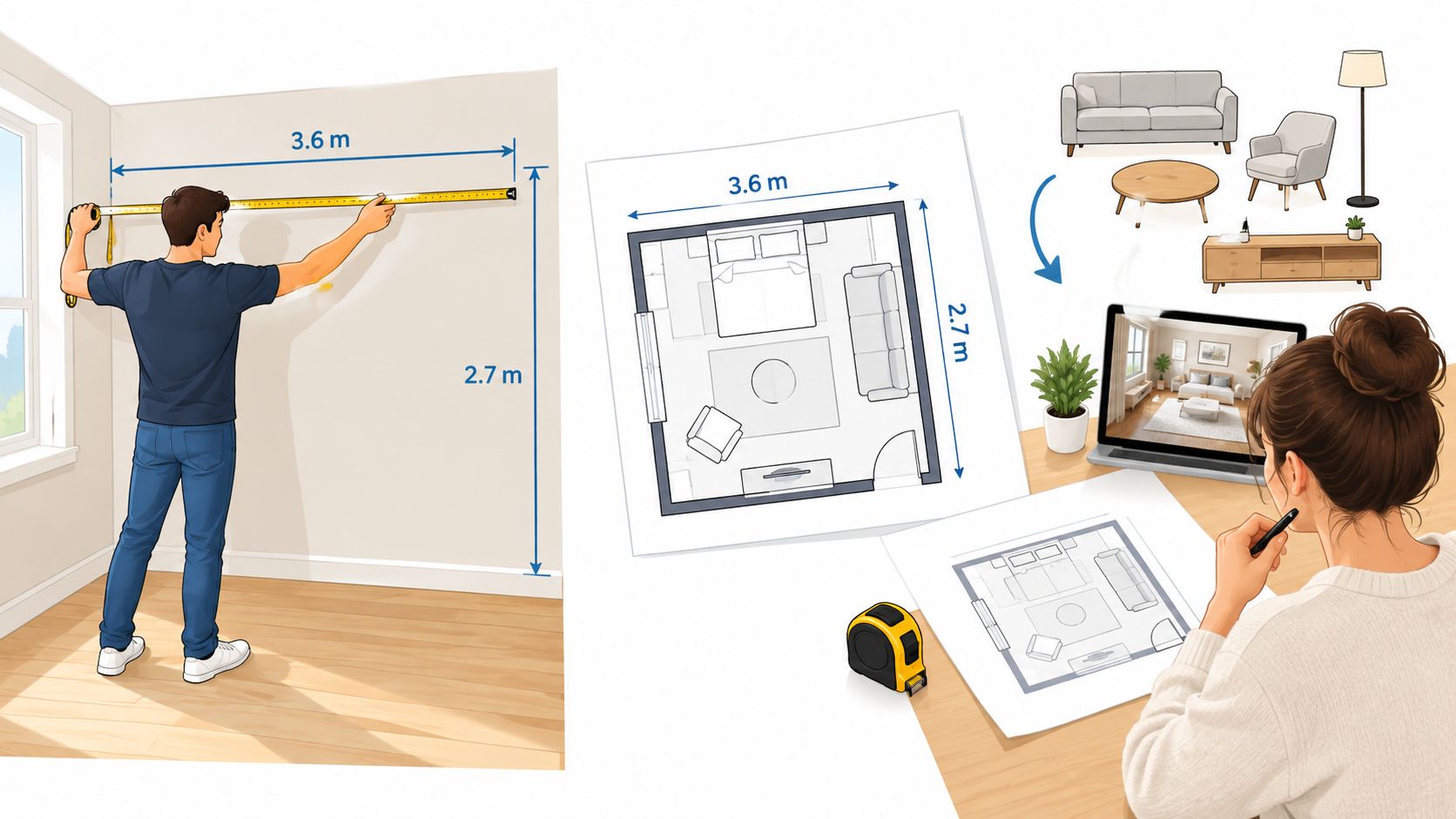 A man measuring a wall and a woman designing a room layout on her laptop.